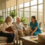 Adult child discussing care options with an elderly parent and a caring assisted living nurse in a modern facility lobby holding paperwork and brochures