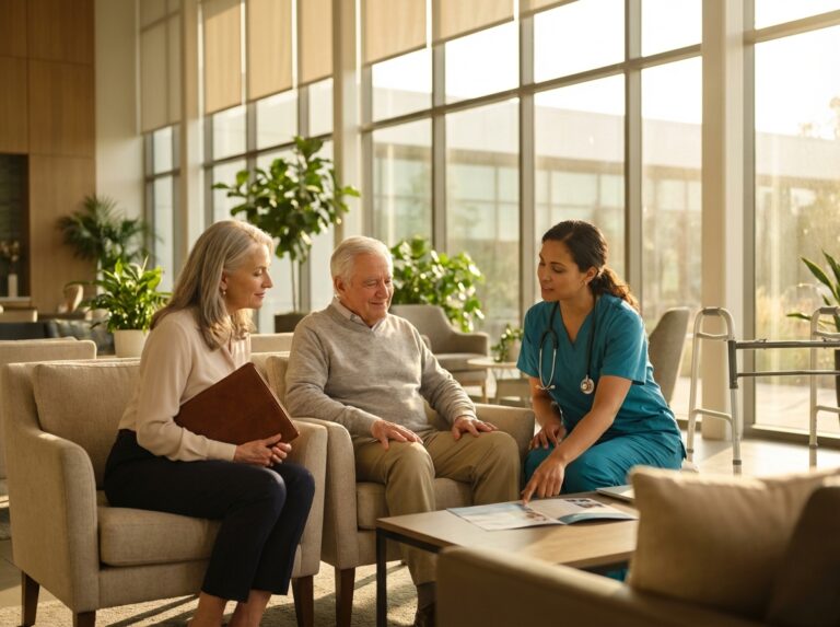Adult child discussing care options with an elderly parent and a caring assisted living nurse in a modern facility lobby holding paperwork and brochures