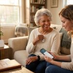 Senior with medical alert pendant and caregiver checking a smartphone app at home with medical alert base station visible