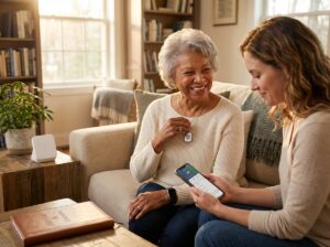 Senior with medical alert pendant and caregiver checking a smartphone app at home with medical alert base station visible