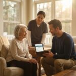 Multigenerational family at home with older parent wearing a medical alert pendant and adult child viewing an alert app on a tablet