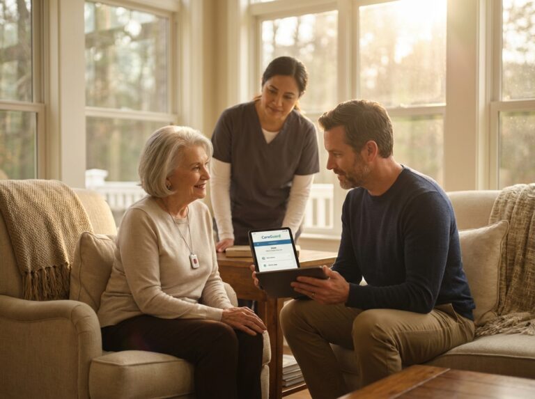 Multigenerational family at home with older parent wearing a medical alert pendant and adult child viewing an alert app on a tablet