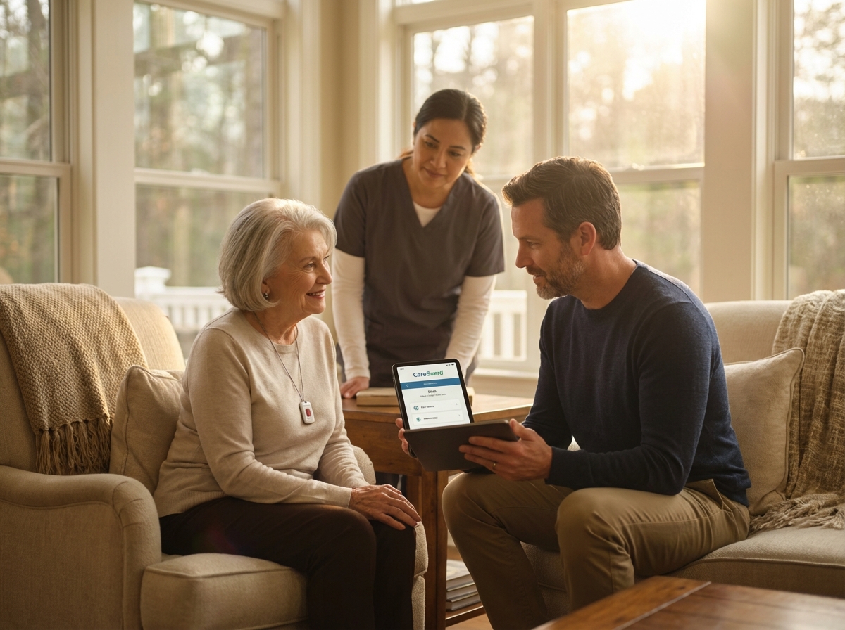 Multigenerational family at home with older parent wearing a medical alert pendant and adult child viewing an alert app on a tablet