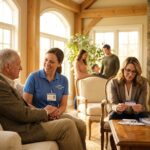 Older adult receiving gentle in‑home assistance from a caregiver while an adult child reviews Medicare paperwork at a nearby table, home setting, warm light.