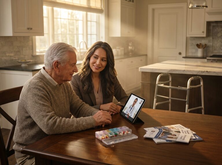 Adult child discussing care options with elderly parent at a kitchen table with medication organizer, walker, and informational brochures visible