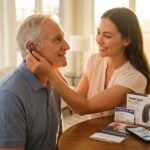 Adult child helping elderly parent fit a small hearing aid at home with Medicare card, OTC device box, and audiology brochure visible