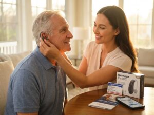 Adult child helping elderly parent fit a small hearing aid at home with Medicare card, OTC device box, and audiology brochure visible