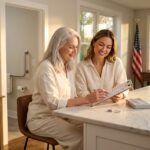 Adult child and senior reviewing a home safety checklist in a well-lit living room featuring grab bars, medication organizer, medical alert pendant and smart speaker