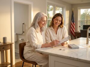 Adult child and senior reviewing a home safety checklist in a well-lit living room featuring grab bars, medication organizer, medical alert pendant and smart speaker