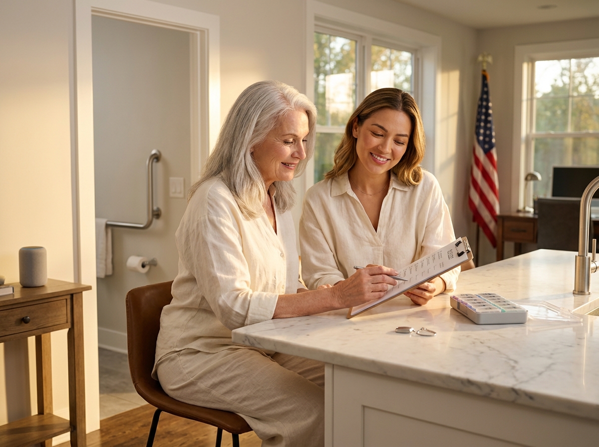 Adult child and senior reviewing a home safety checklist in a well-lit living room featuring grab bars, medication organizer, medical alert pendant and smart speaker