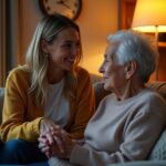 Caregiver comforting an elderly parent in a calm, warmly lit living room at dusk with orientation cues and a nightlight