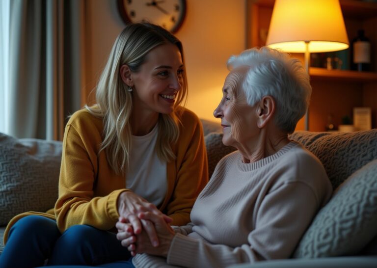 Caregiver comforting an elderly parent in a calm, warmly lit living room at dusk with orientation cues and a nightlight