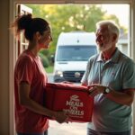 Volunteer handing a meal package to a smiling older adult at their front step with a Meals on Wheels delivery van and a senior center visible in the background