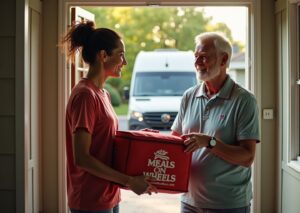 Volunteer handing a meal package to a smiling older adult at their front step with a Meals on Wheels delivery van and a senior center visible in the background