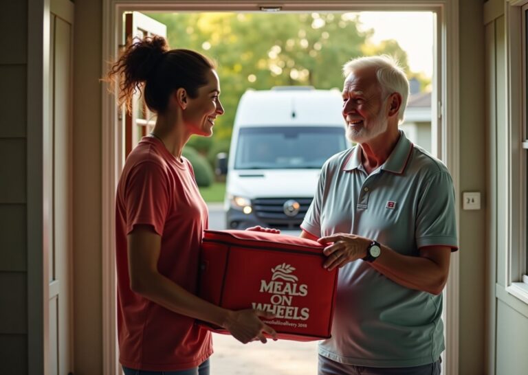 Volunteer handing a meal package to a smiling older adult at their front step with a Meals on Wheels delivery van and a senior center visible in the background