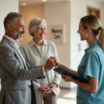Middle-aged adult holding elderly parent's hand at a memory care facility reception with caregiver and informational documents visible