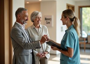 Middle-aged adult holding elderly parent's hand at a memory care facility reception with caregiver and informational documents visible