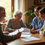 Family and hospice nurse reviewing Medicare paperwork at home with mobility aid nearby conveying hospice care coordination