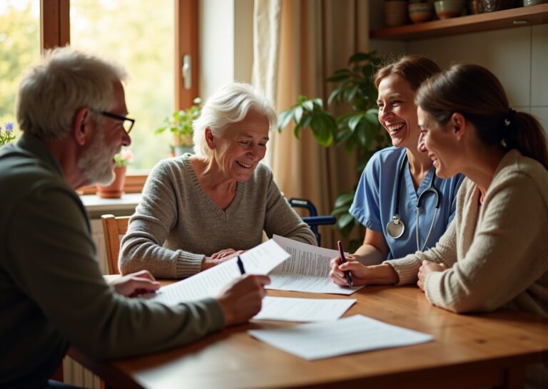 Family and hospice nurse reviewing Medicare paperwork at home with mobility aid nearby conveying hospice care coordination