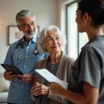 Adult child and elderly parent touring an assisted living common area with a caregiver, holding brochures and a tablet
