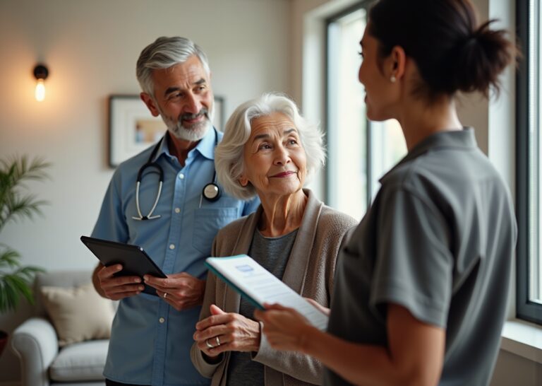 Adult child and elderly parent touring an assisted living common area with a caregiver, holding brochures and a tablet