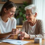 Adult child helping elderly parent try a hearing aid with a Medicare card and OTC hearing aid box visible on the table