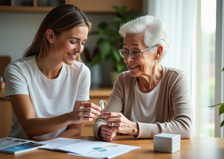 Adult child helping elderly parent try a hearing aid with a Medicare card and OTC hearing aid box visible on the table
