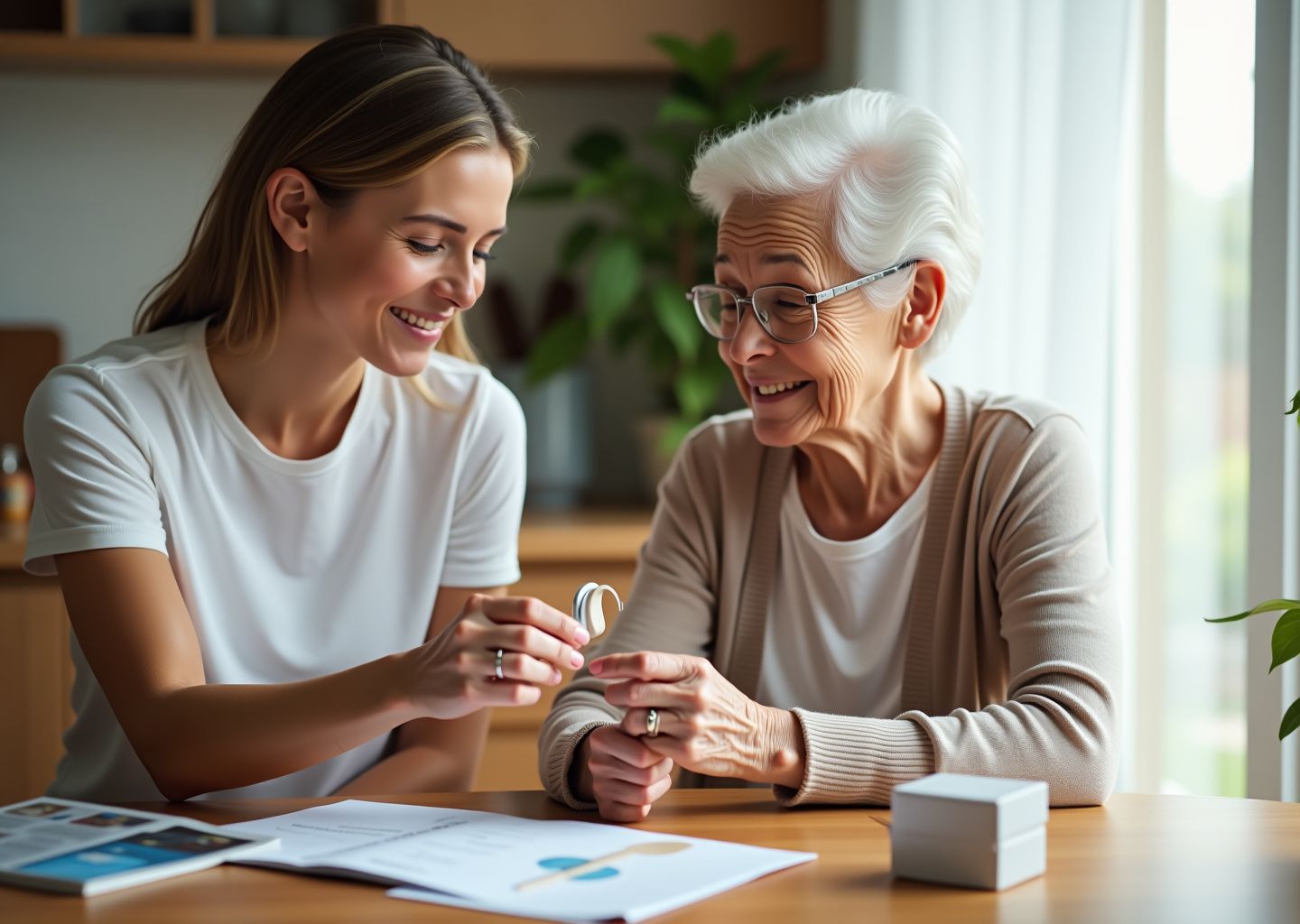 Adult child helping elderly parent try a hearing aid with a Medicare card and OTC hearing aid box visible on the table