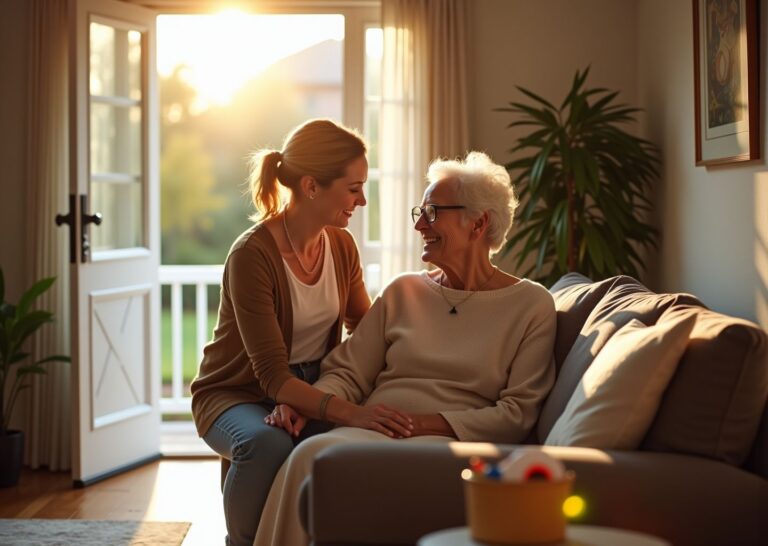 Adult child assisting an elderly parent in a well-lit home with visible grab bar, portable ramp at the door, non-slip rug, and a personal emergency pendant, suggesting budget-friendly home safety modifications.