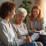 Older parent and adult child in a bright living room with wearable fall detector, smart pill dispenser, voice assistant, tablet showing remote monitoring, and caregiver in background