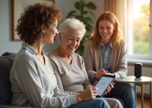Older parent and adult child in a bright living room with wearable fall detector, smart pill dispenser, voice assistant, tablet showing remote monitoring, and caregiver in background
